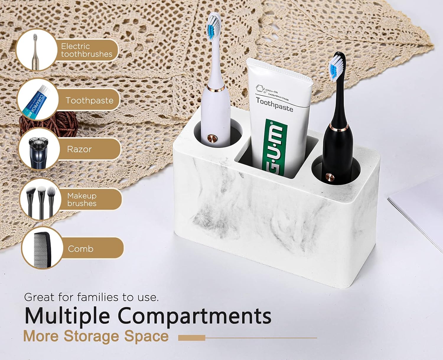 Luxspire Toothbrush Holder with Drain 3 Slots Gravel White