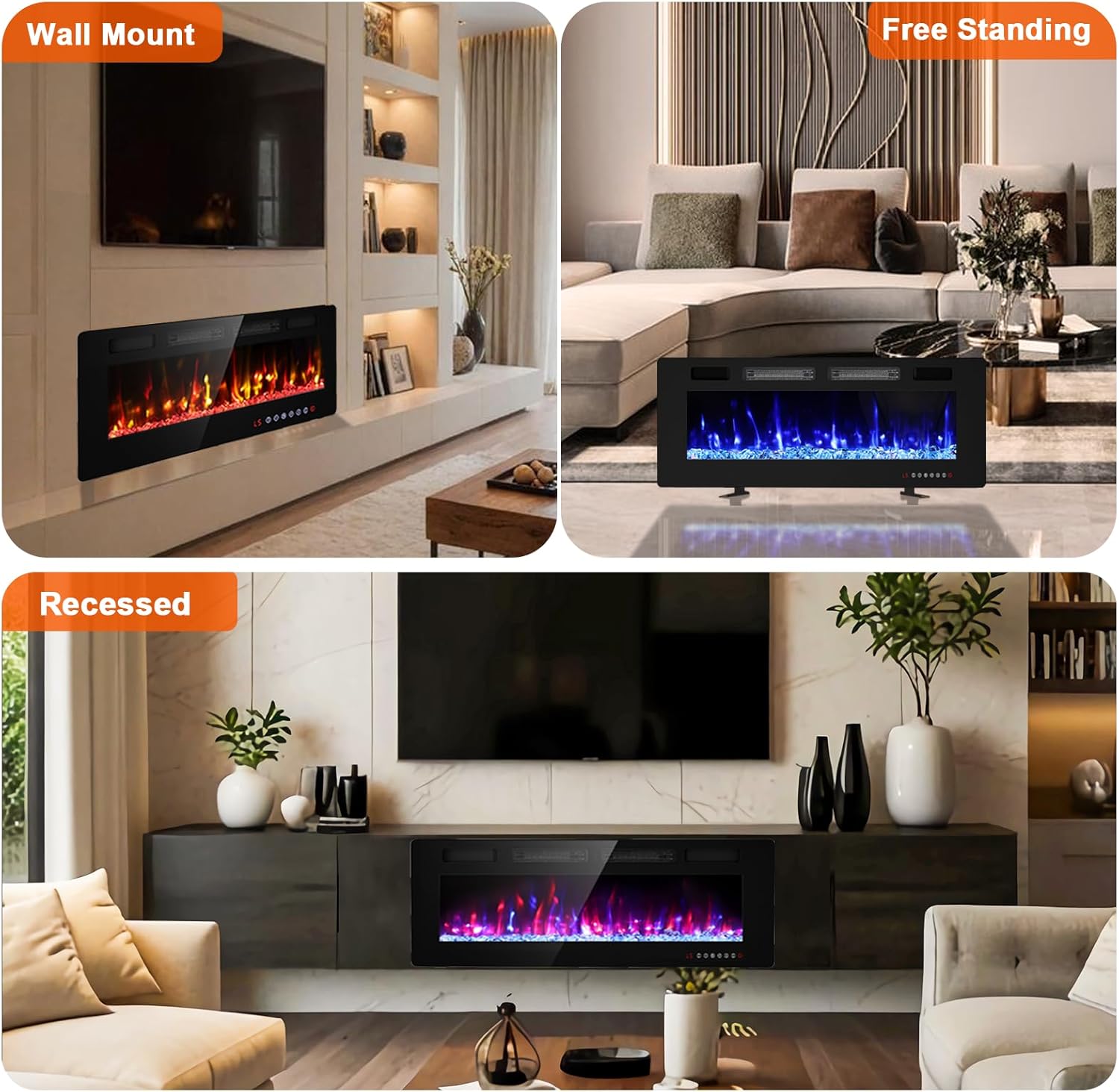 BREEZEHEAT 50 Inch Ultra Thin Electric Fireplace with Remote Control and Touch Screen