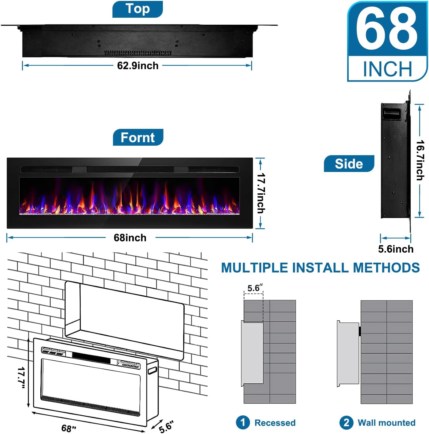 68 Inch Electric Fireplace with Timer and Remote Control