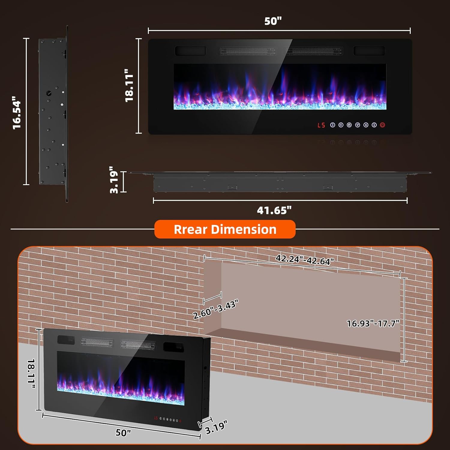 BREEZEHEAT 50 Inch Ultra Thin Electric Fireplace with Remote Control and Touch Screen