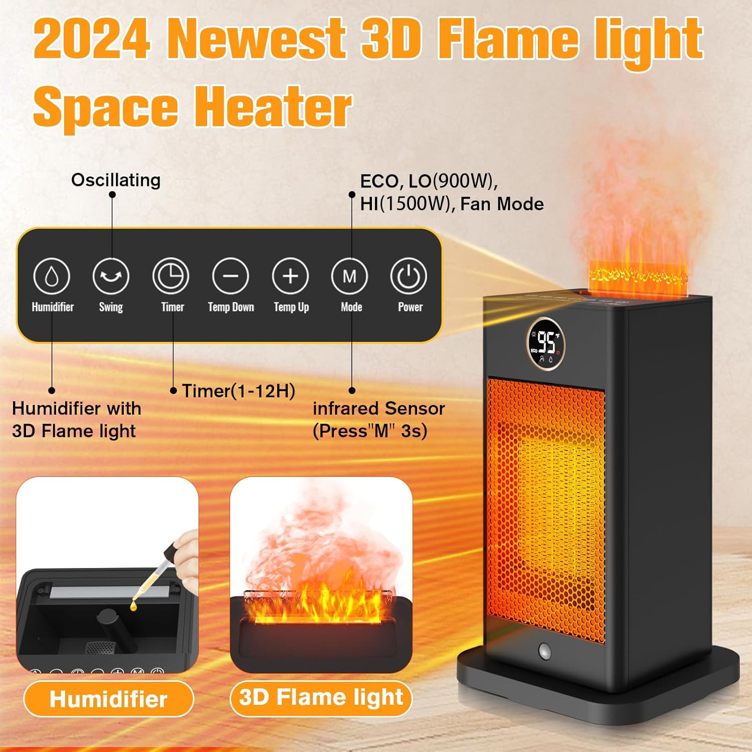 Verminget 1500W PTC Space Heater with Humidifier and 3D Flame Effect