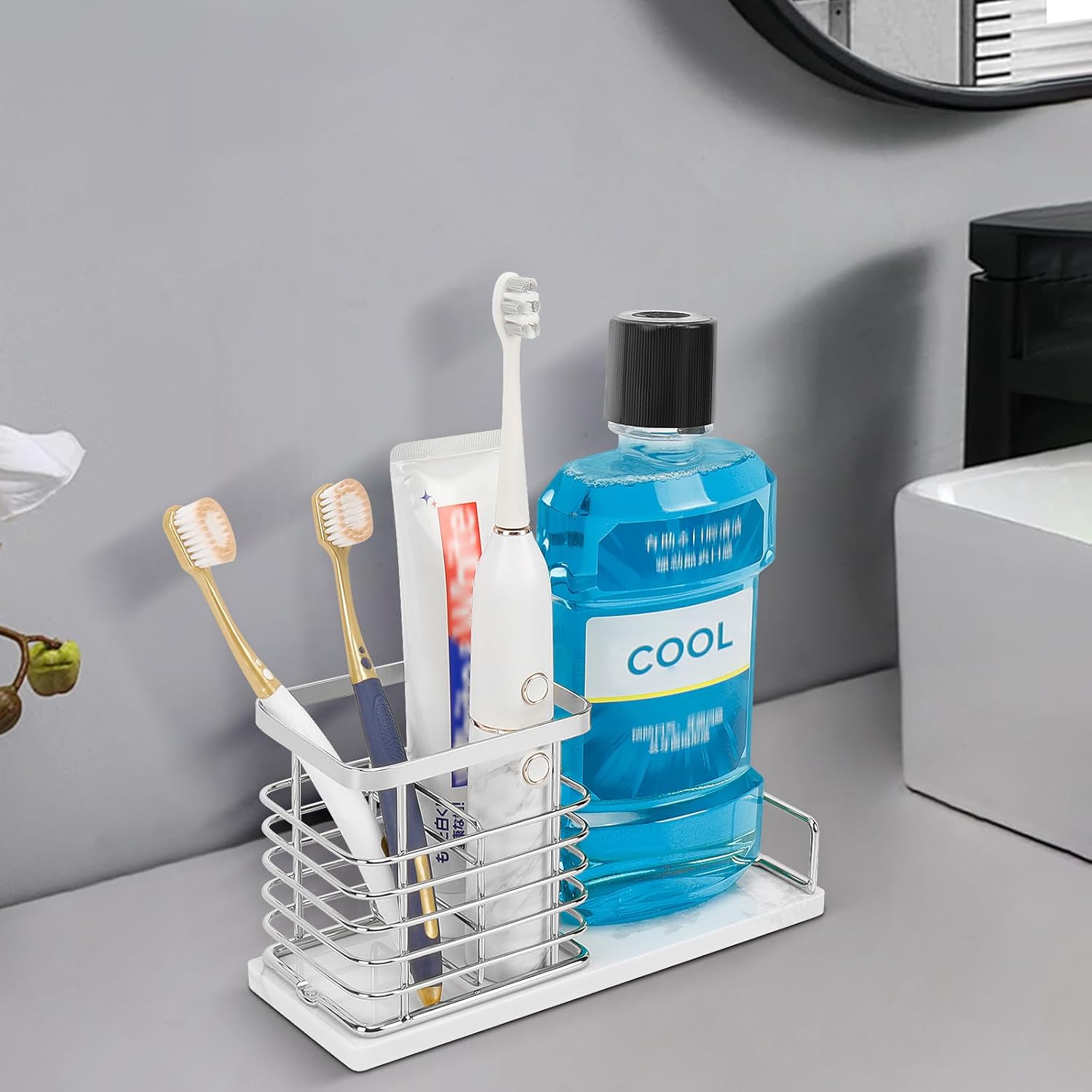 HarJue Toothbrush Holder with Marble Base and Chrome Frame