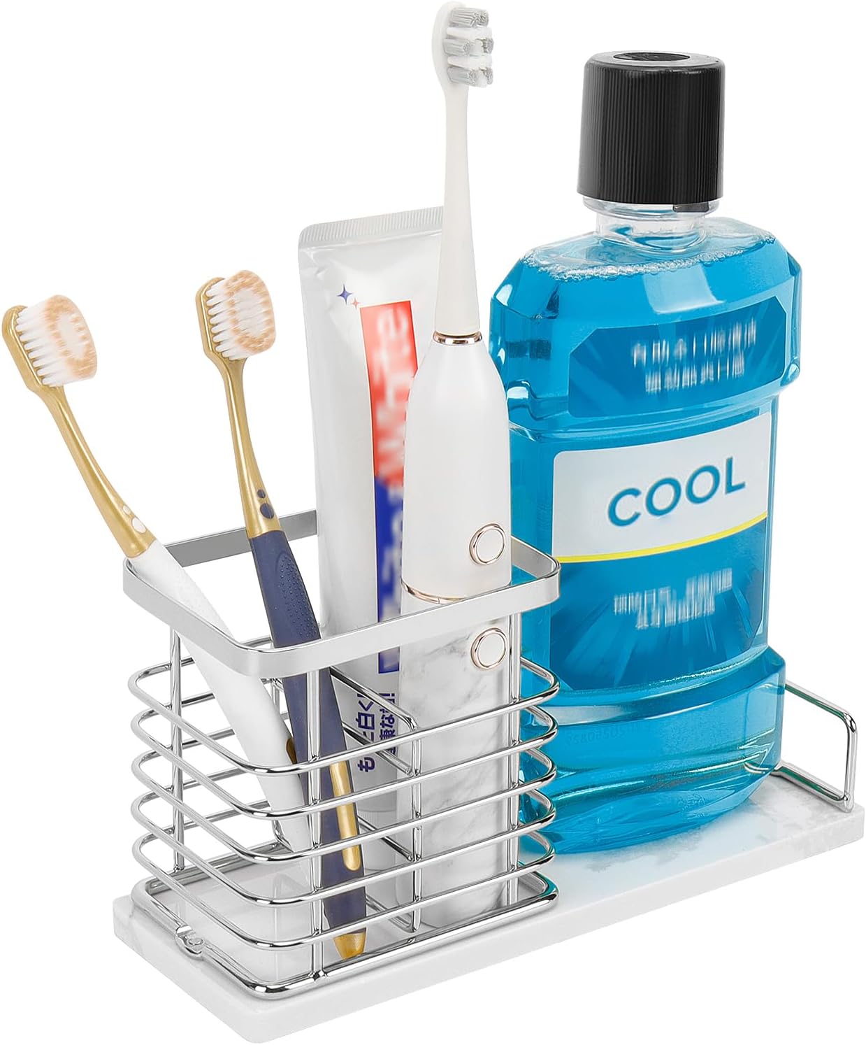 HarJue Toothbrush Holder with Marble Base and Chrome Frame
