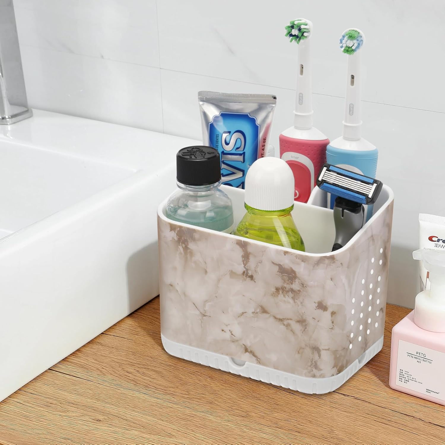 PARKMANI 4 Slots Toothbrush Holder with Drainage and Marble Design