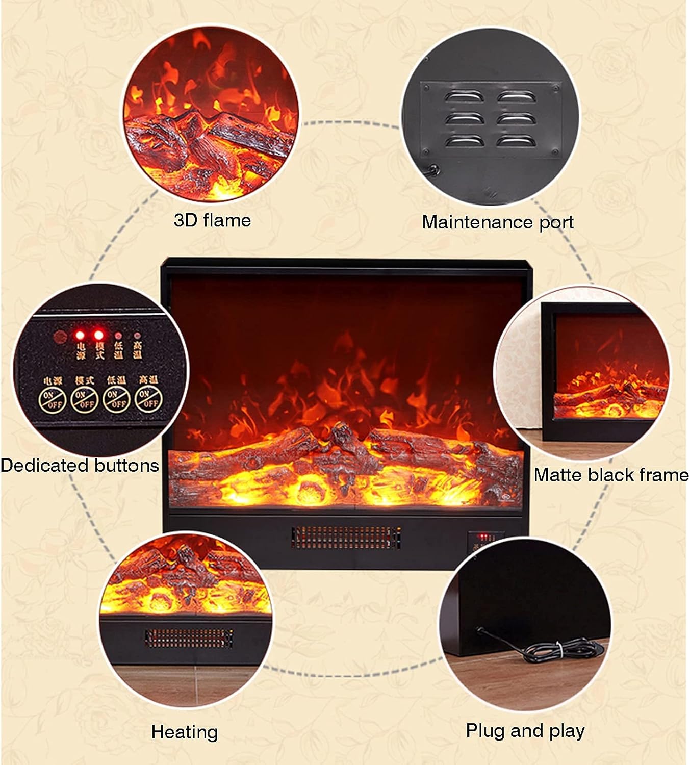 Electric Fireplace with 3D Logs and Adjustable Flame Size