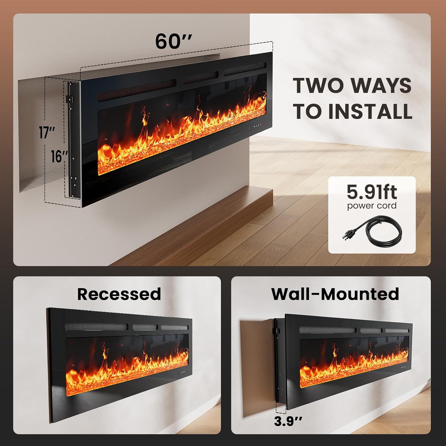 Silonn 60 Smart Electric Fireplace with App Remote