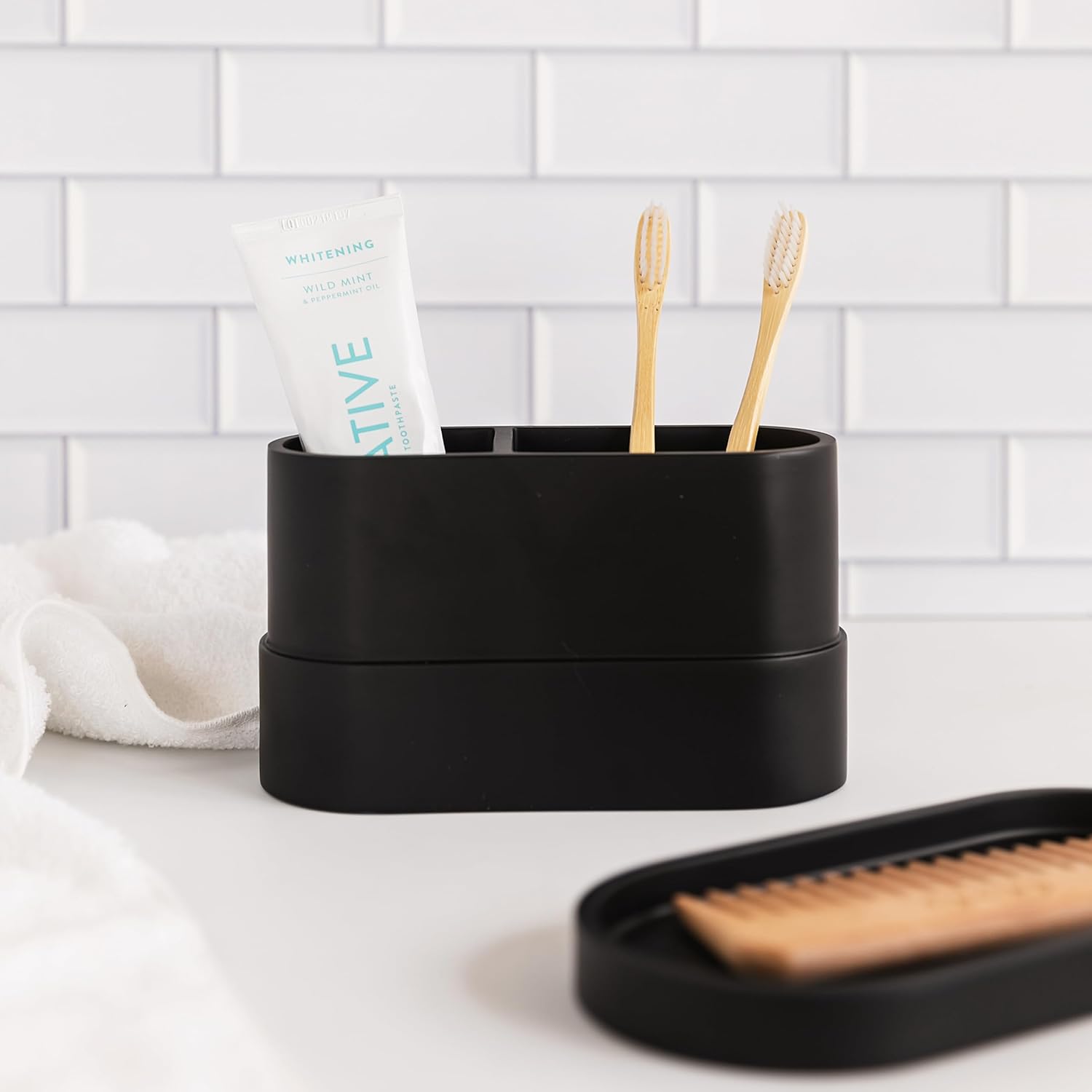 Matte Black Toothbrush Holder with 2 Compartments