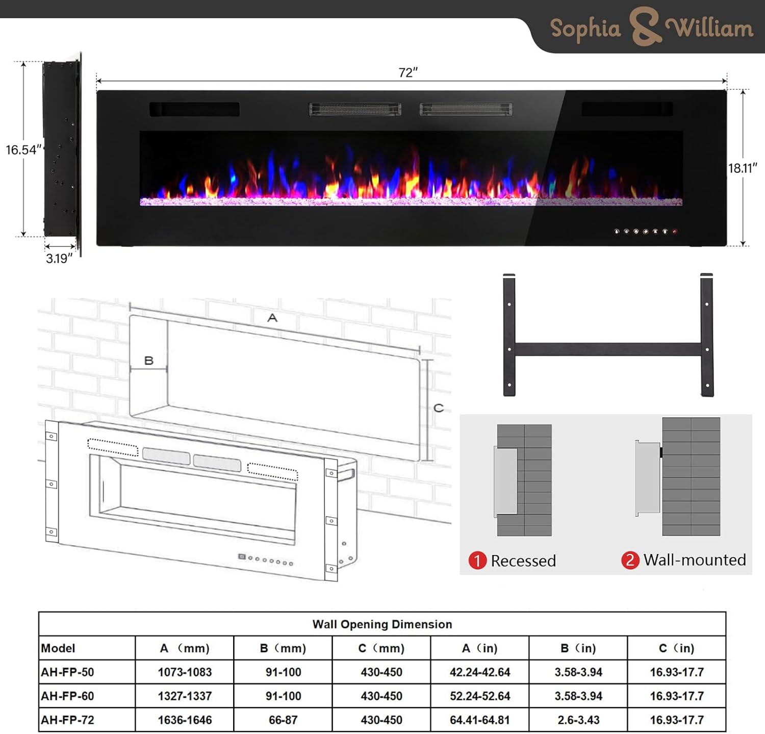 Sophia William 72 Inch Electric Fireplace with Remote Control 1