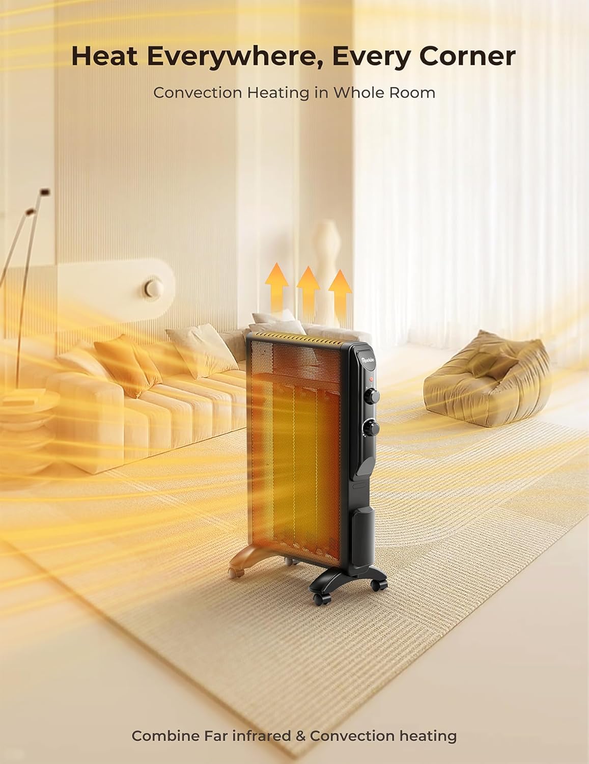 REEKIE 1500W Electric Space Heater with Thermostat and 2 Heat Settings