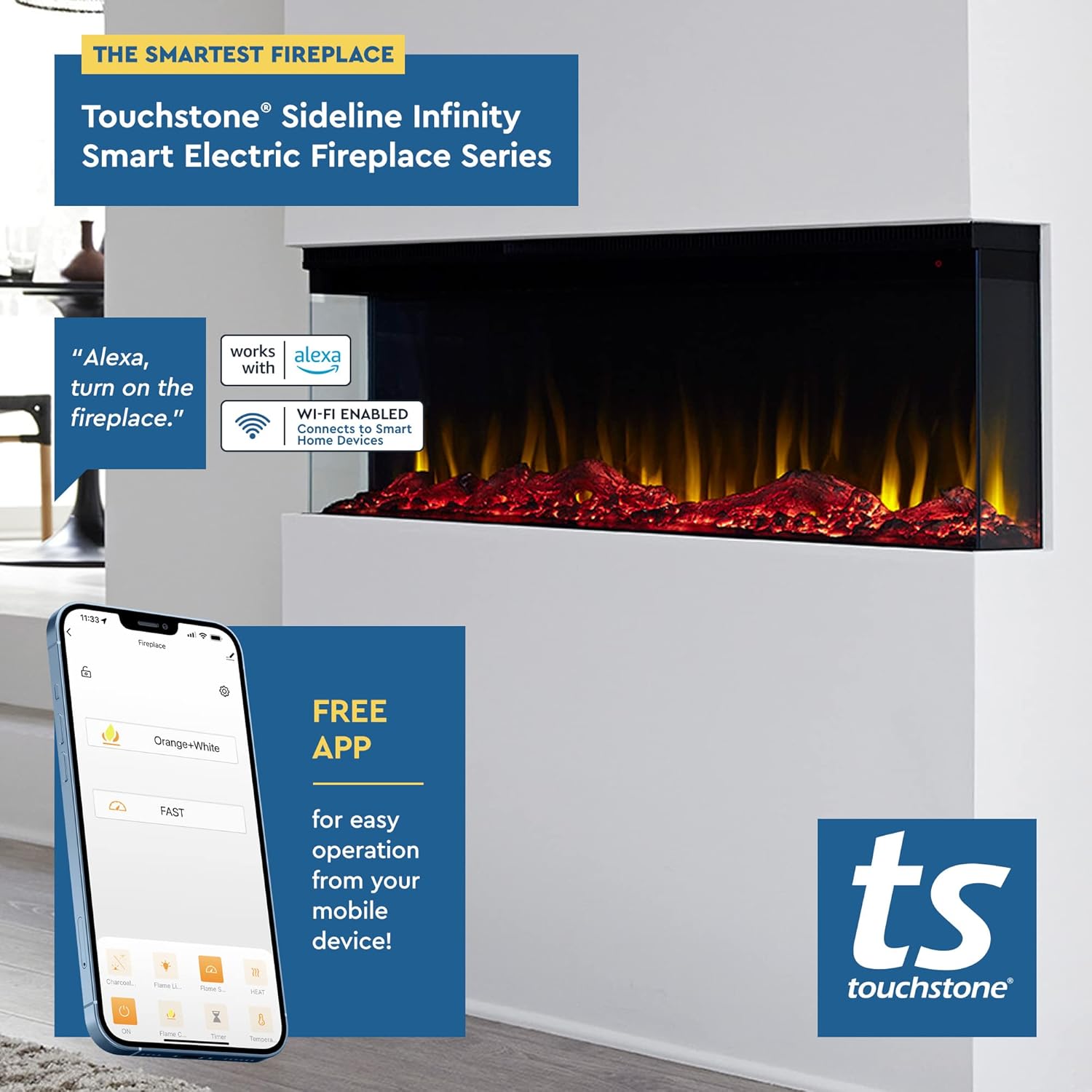 Touchstone Infinity 3-Sided Electric Fireplace - Black 72 WiFi Enabled
