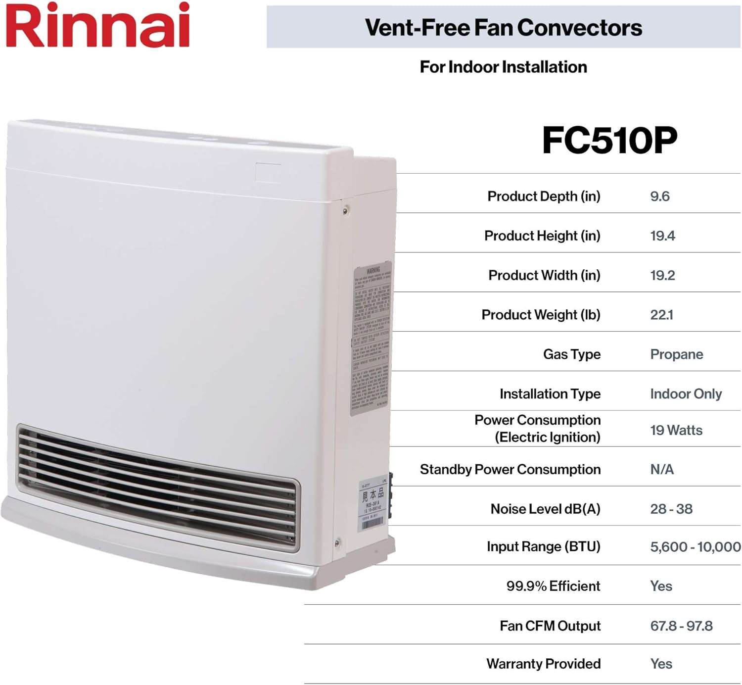 Rinnai FC510P Ventless Propane Heater - Energy Efficient and Smart Controlled