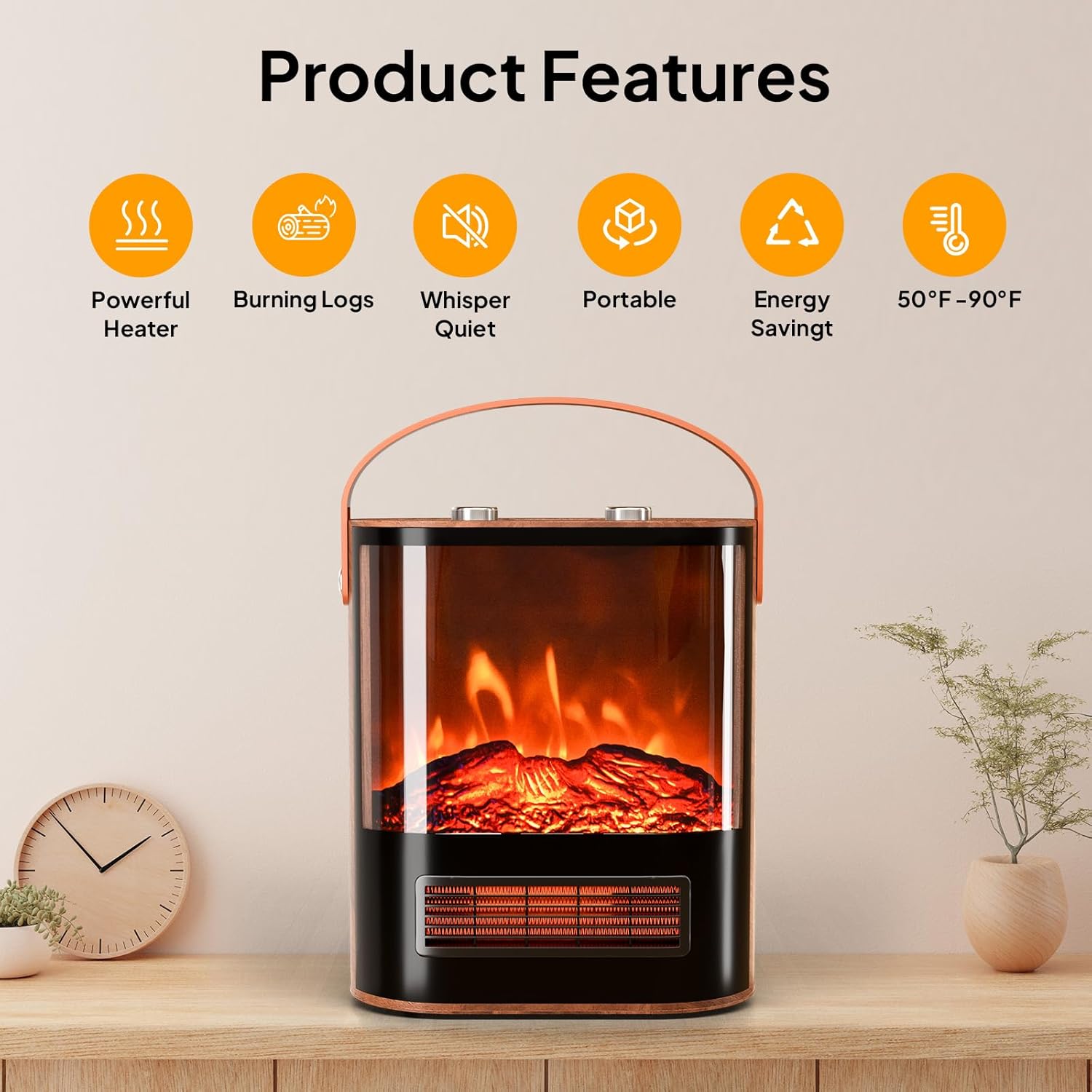 ROVSUN 1500W Electric Fireplace with Realistic Flame 16H Portable Heater