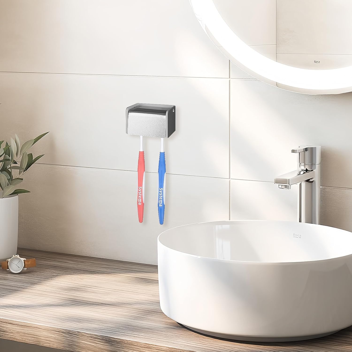 LUEXBOX Wall Mounted Toothbrush Holder with Cover 2 Slots Silver