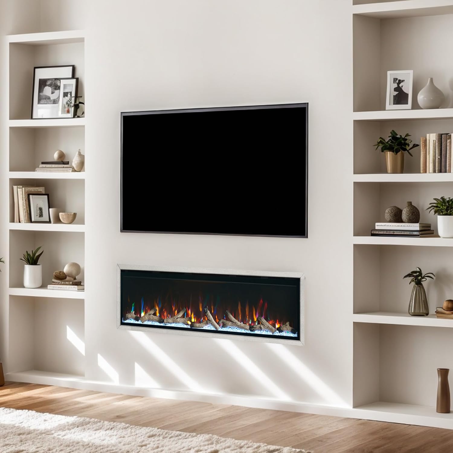 60 Inch Electric Fireplace with Silver Aluminum Frame