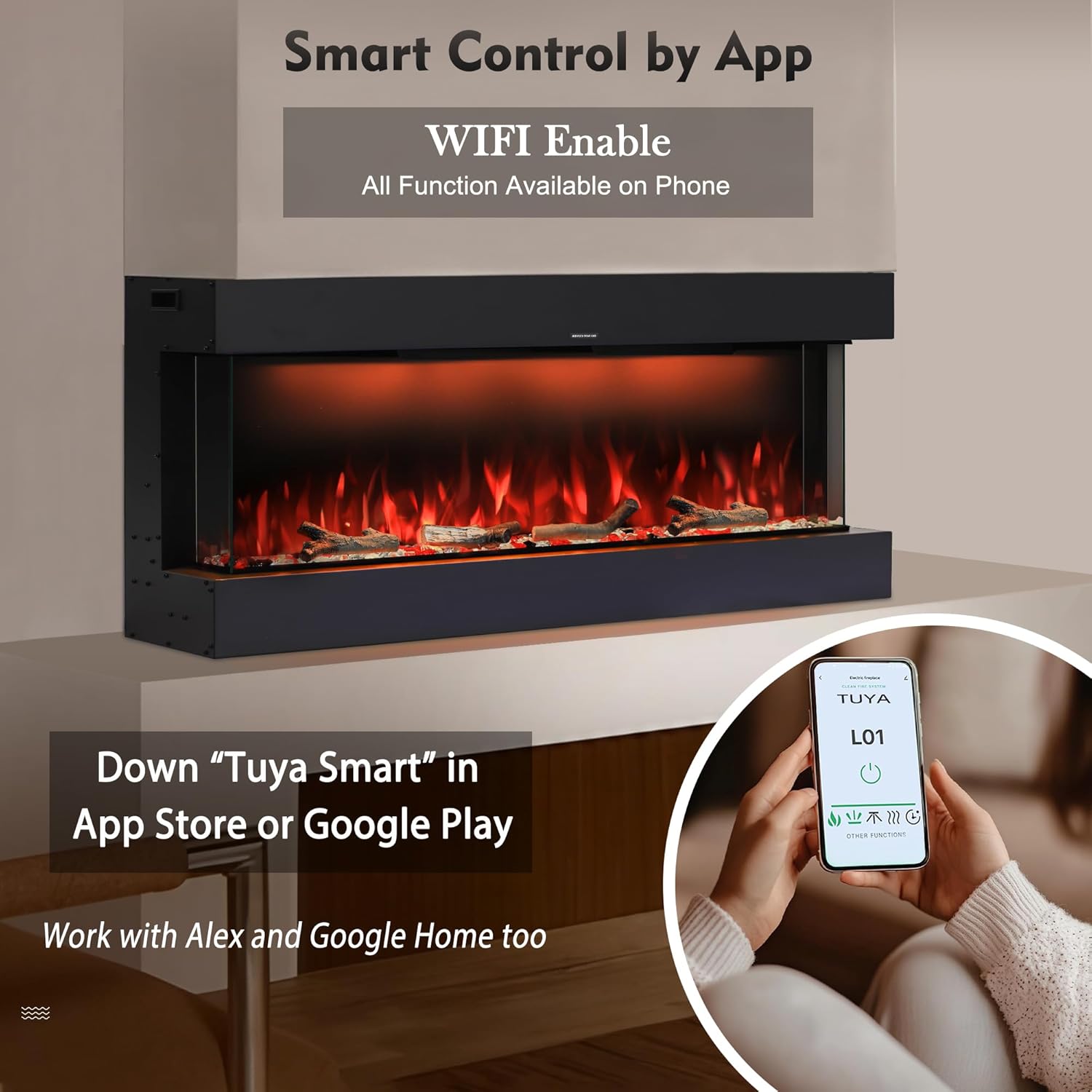 Masarflame 42 Electric Fireplace with WiFi Alexa Timer Thermostat