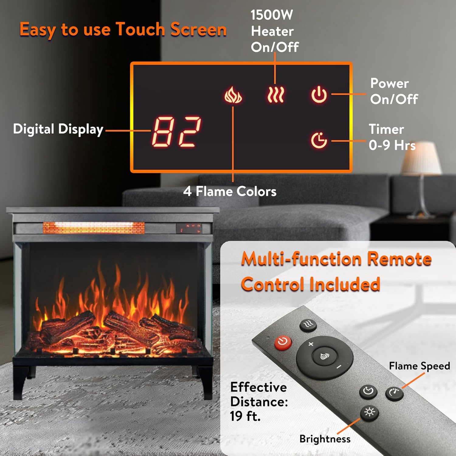 Doredo 3-Sided Electric Fireplace with Remote Control 1
