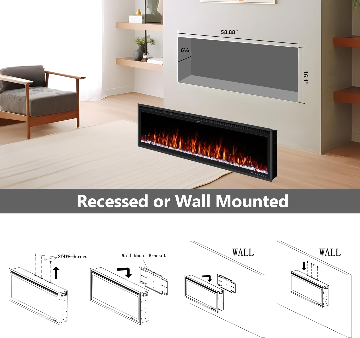 Benrocks 60 Inch WiFi Enabled Electric Fireplace Insert - 750W1500W Black