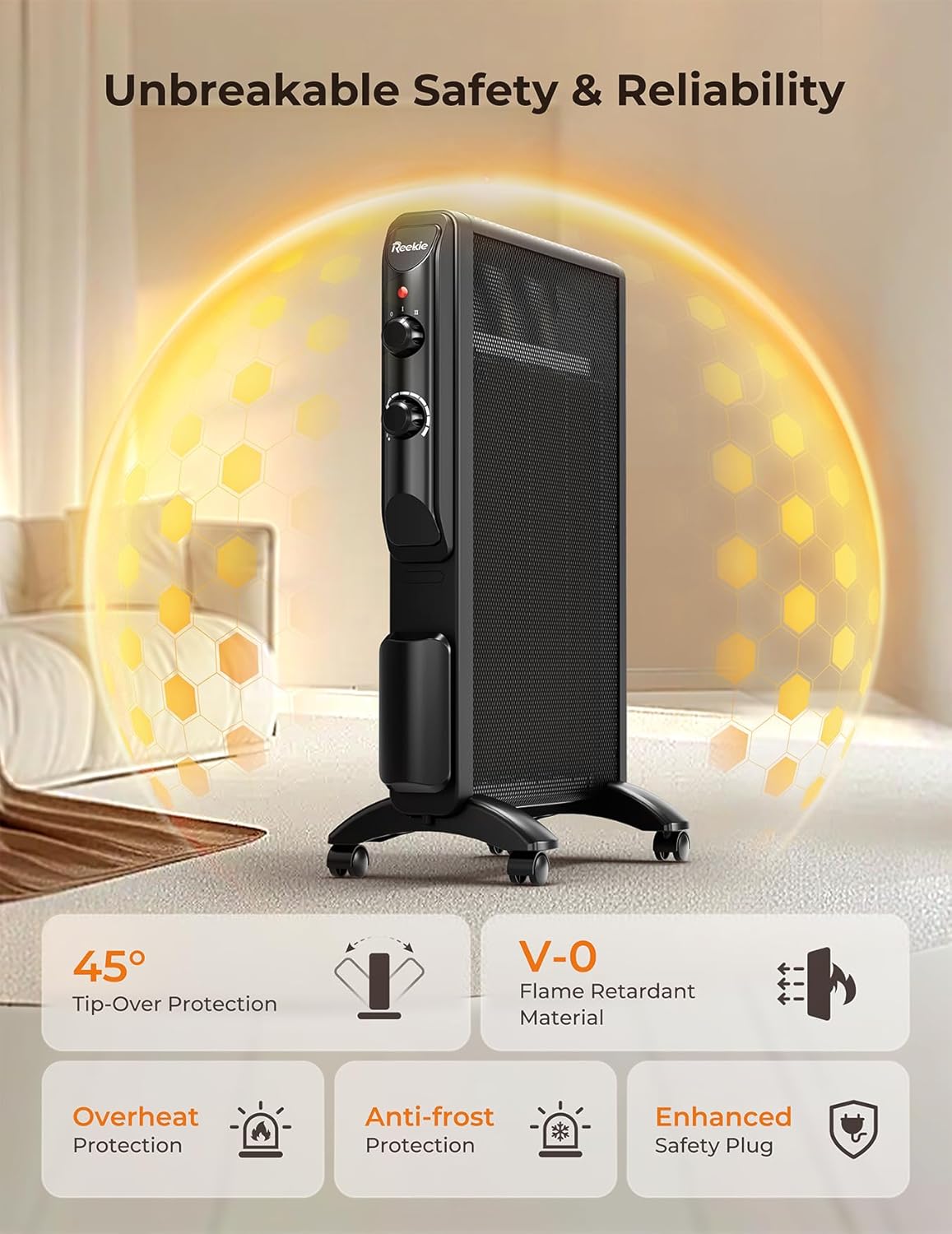 REEKIE 1500W Electric Space Heater with Thermostat and 2 Heat Settings