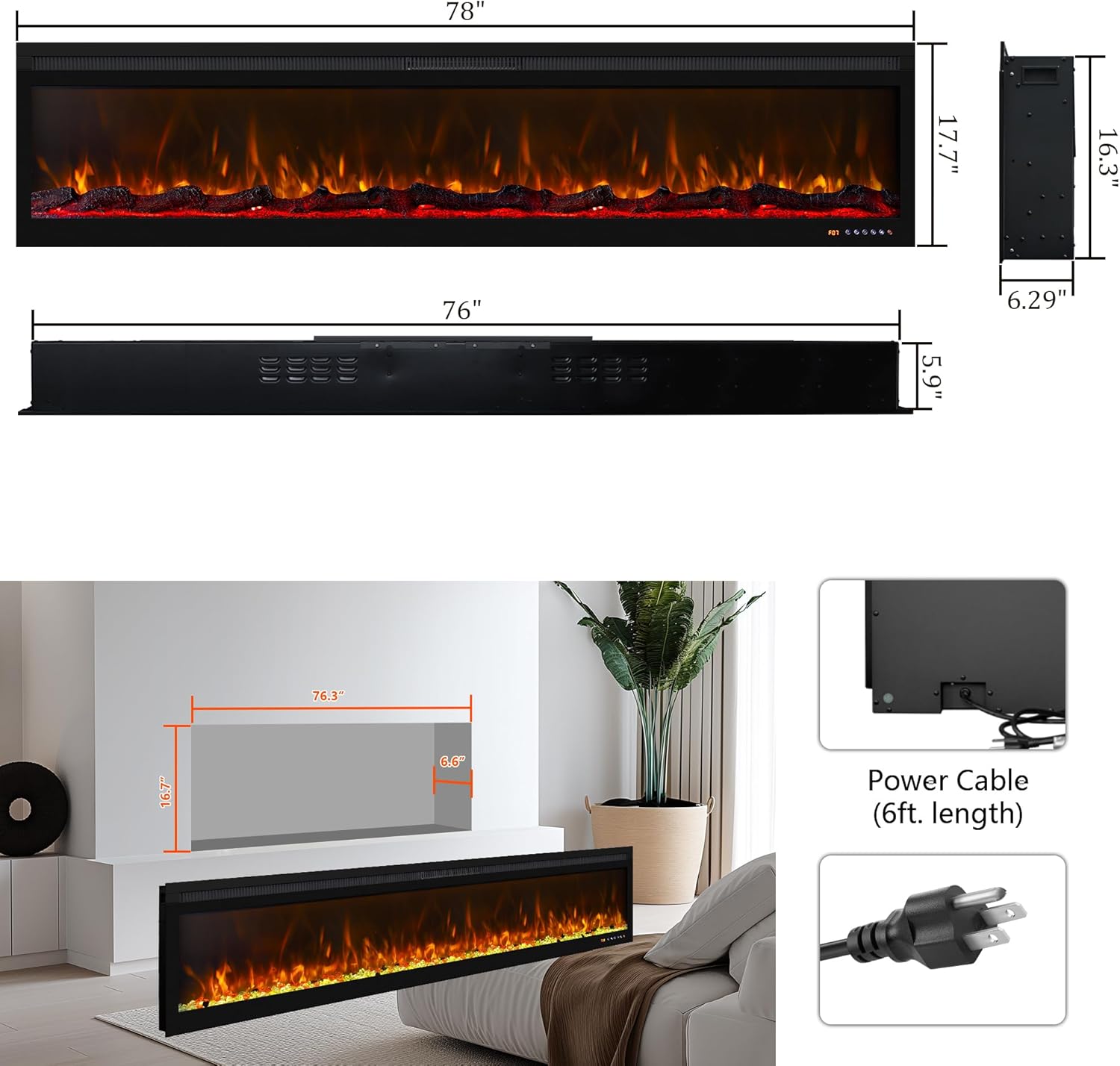 Ultra-Thin Electric Fireplace 78 Inch Black
