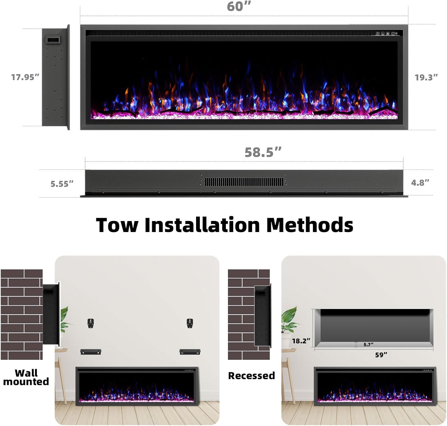 60 Inch Electric Fireplace with Remote Control