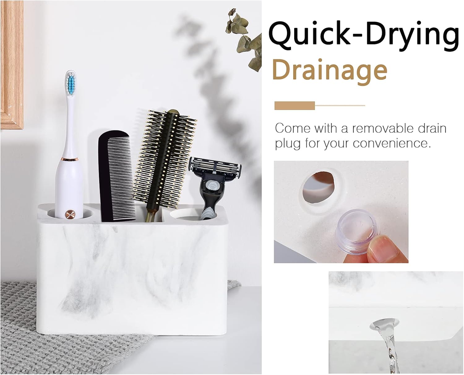 Luxspire Toothbrush Holder with Drain 3 Slots Gravel White