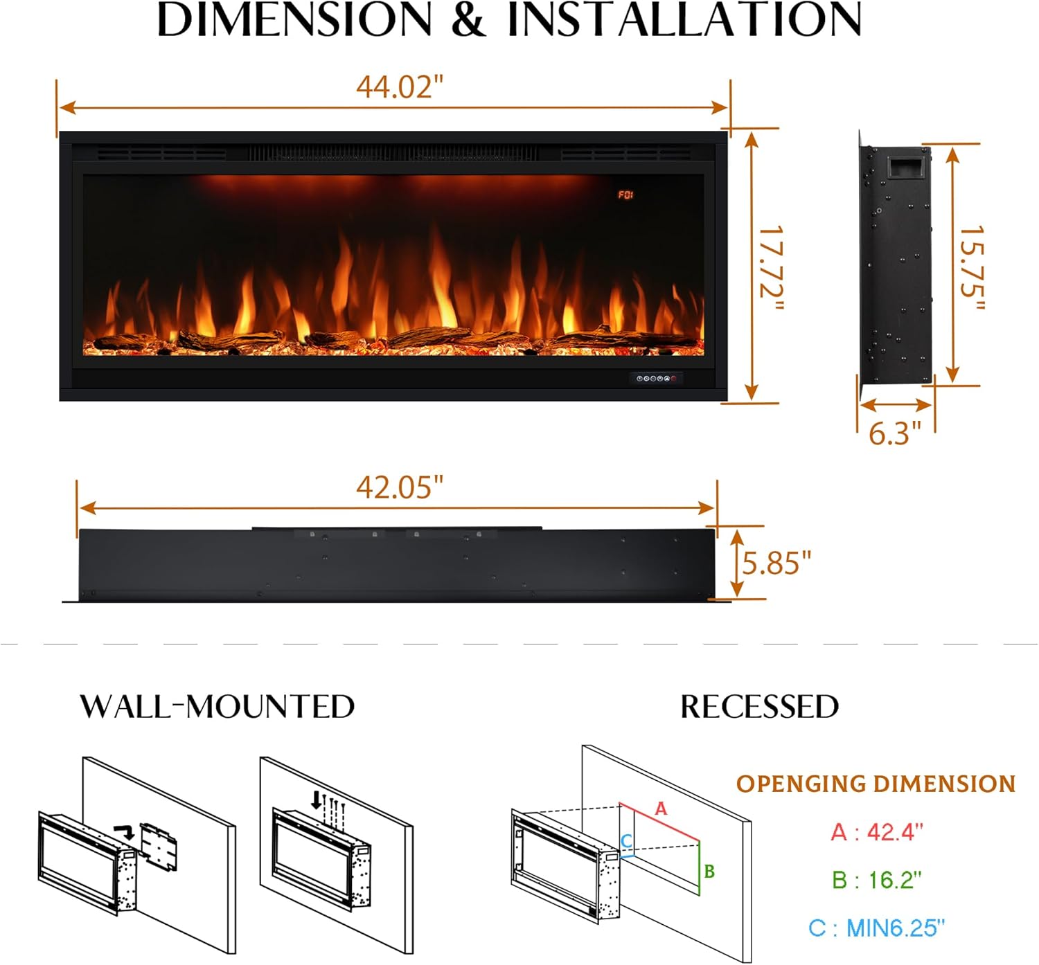 Dreamflame 42 Inch Smart Electric Fireplace with App Control and Timer