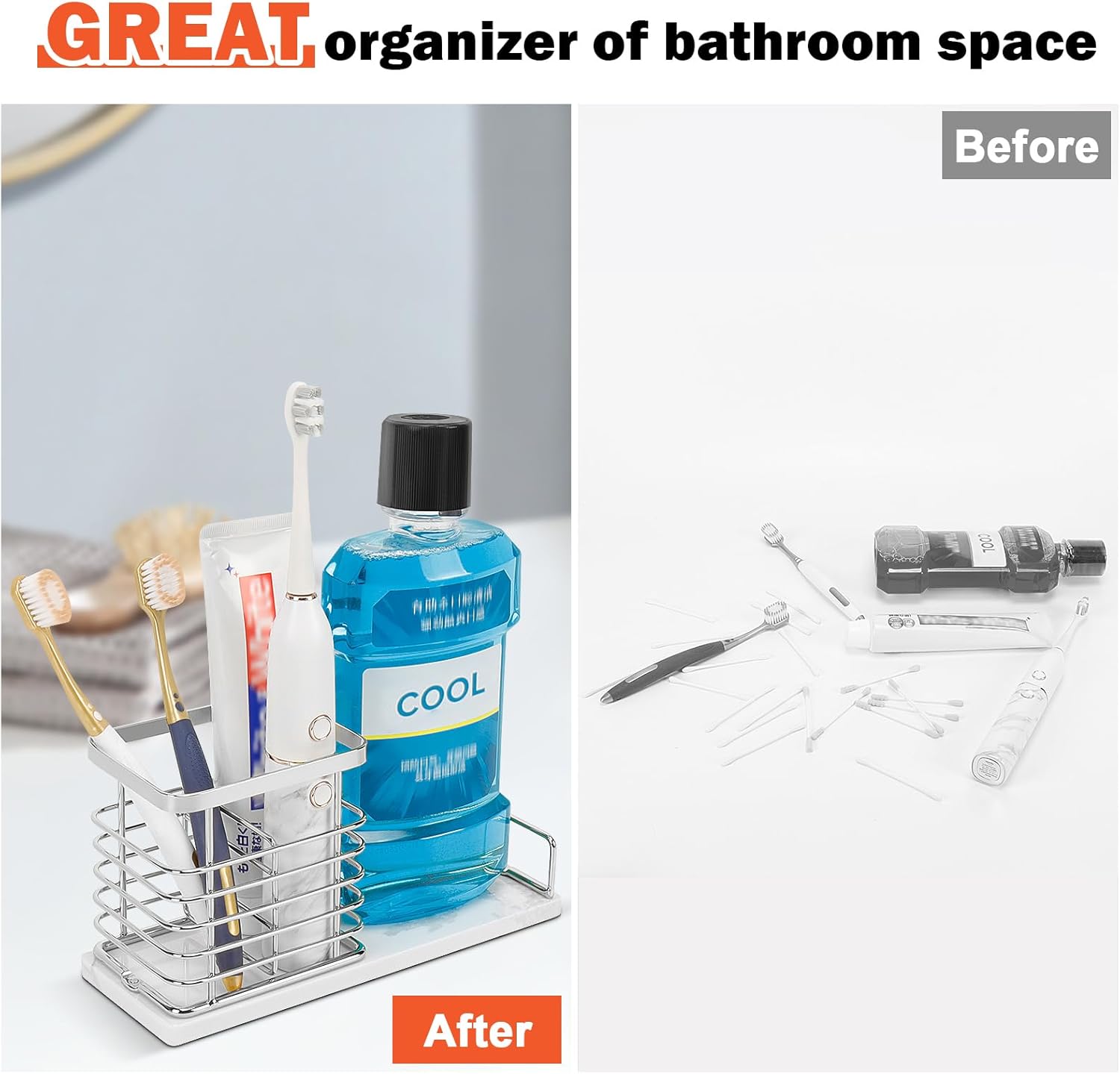 HarJue Toothbrush Holder with Marble Base and Chrome Frame