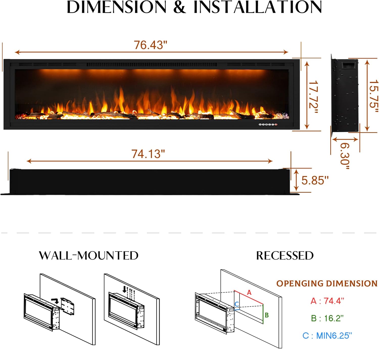 Dreamflame 74 Inch Electric Fireplace with Smart Control