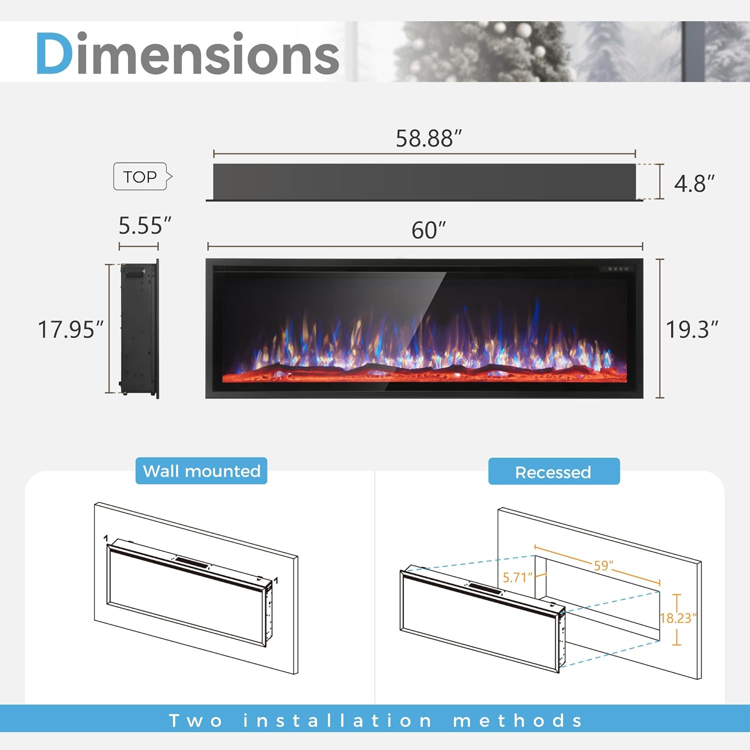 GREEN PARTY 60 Ultra Slim Electric Fireplace with Log Crystal Options