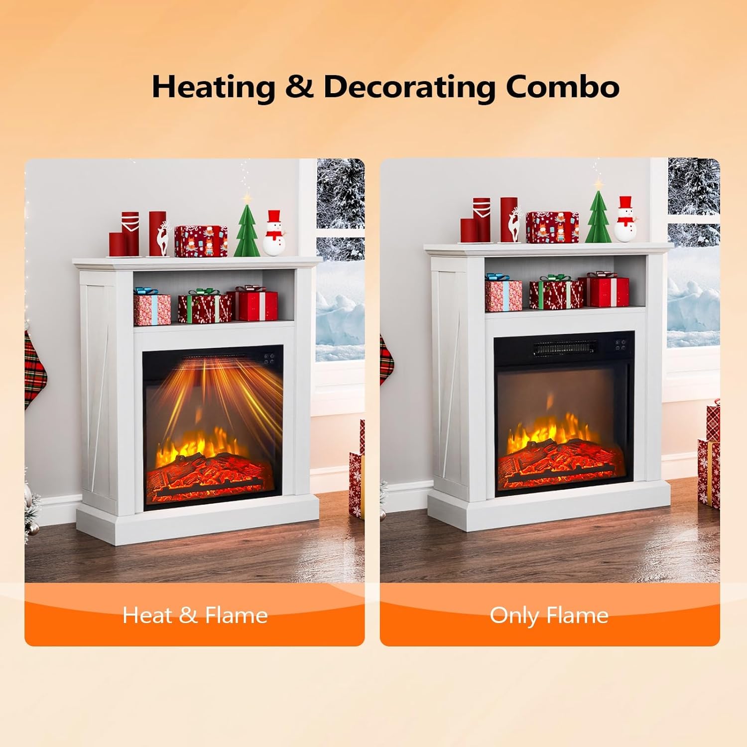 Bonnlo 30H Electric Fireplace with White Wood Mantel and Remote Control