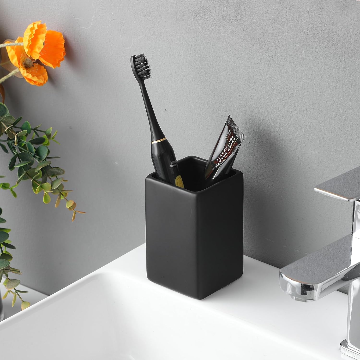 Ceramic Black Square Toothbrush Holder for Bathroom