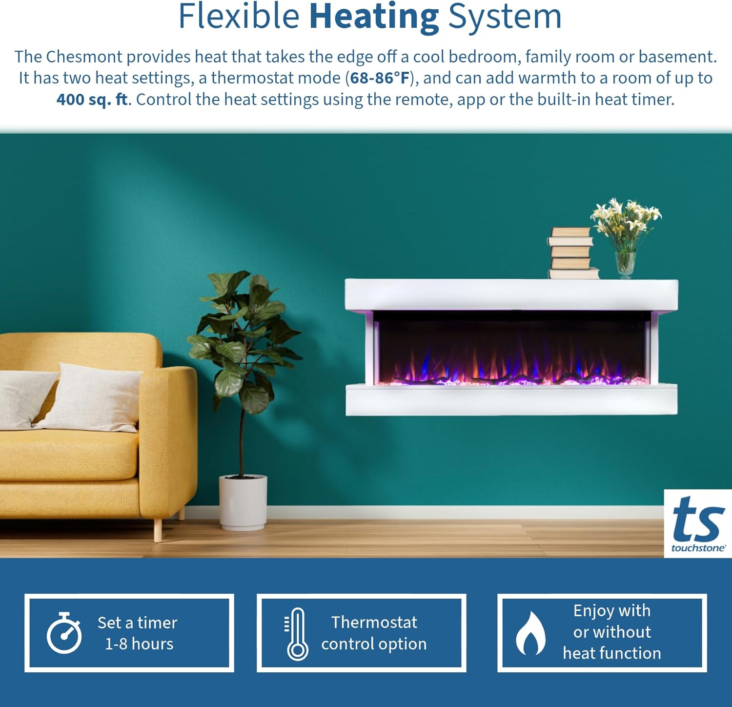 Touchstone Chesmont Smart Electric Fireplace - 50 Wide White Mantle AlexaWiFi Enabled