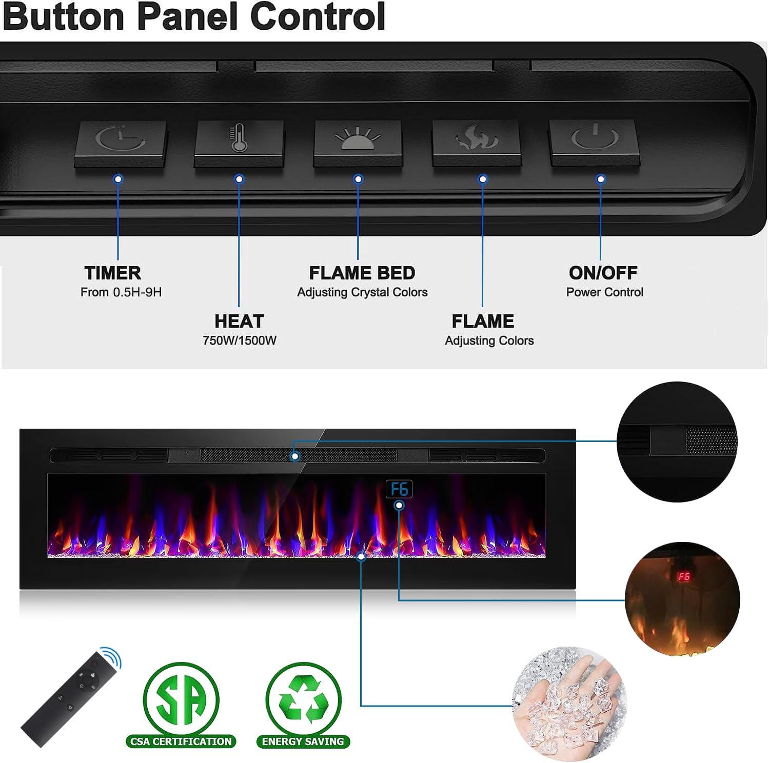 68 Inch Electric Fireplace with Timer and Remote Control