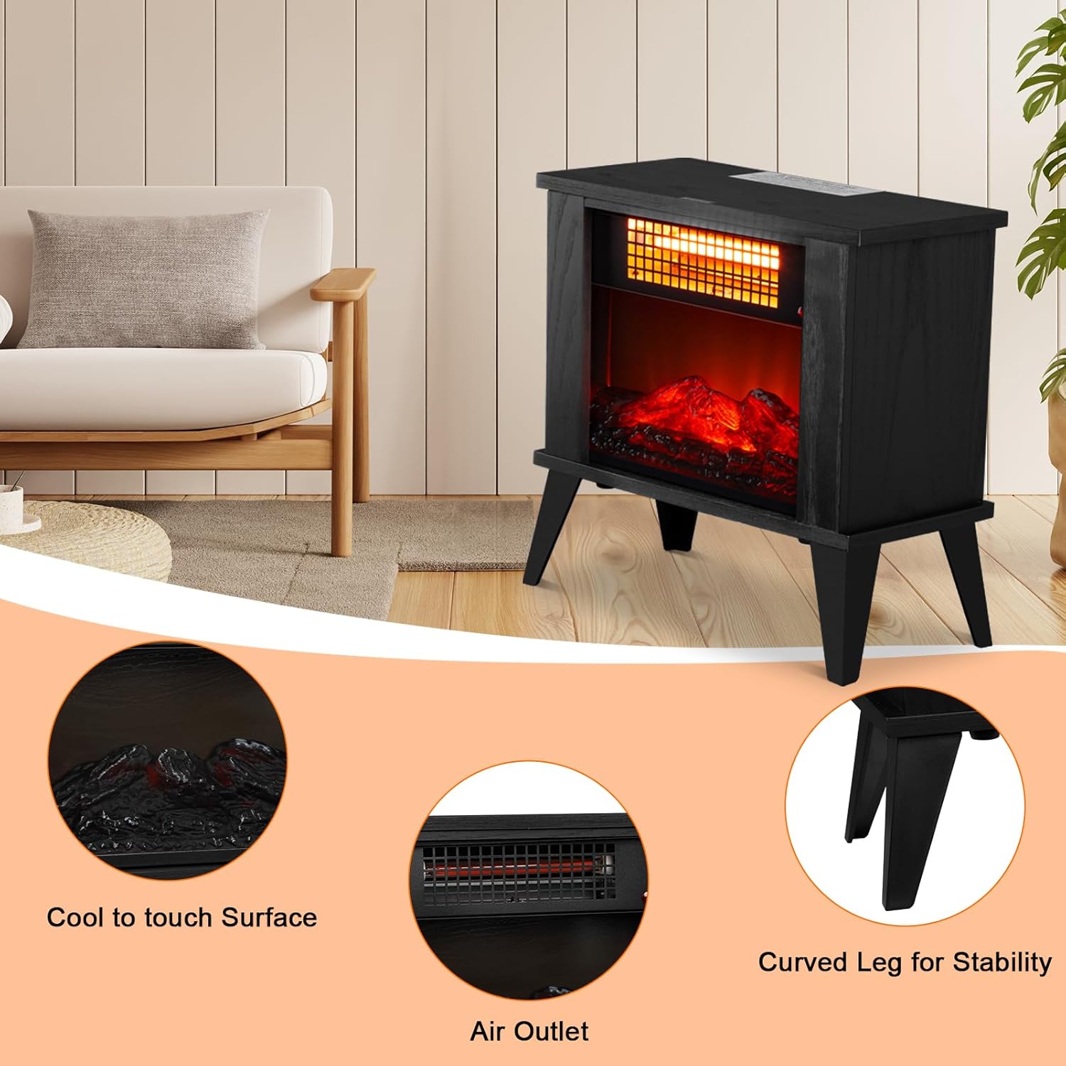 ROVSUN Electric Fireplace Stove 15W Realistic Flame Adjustable Heating