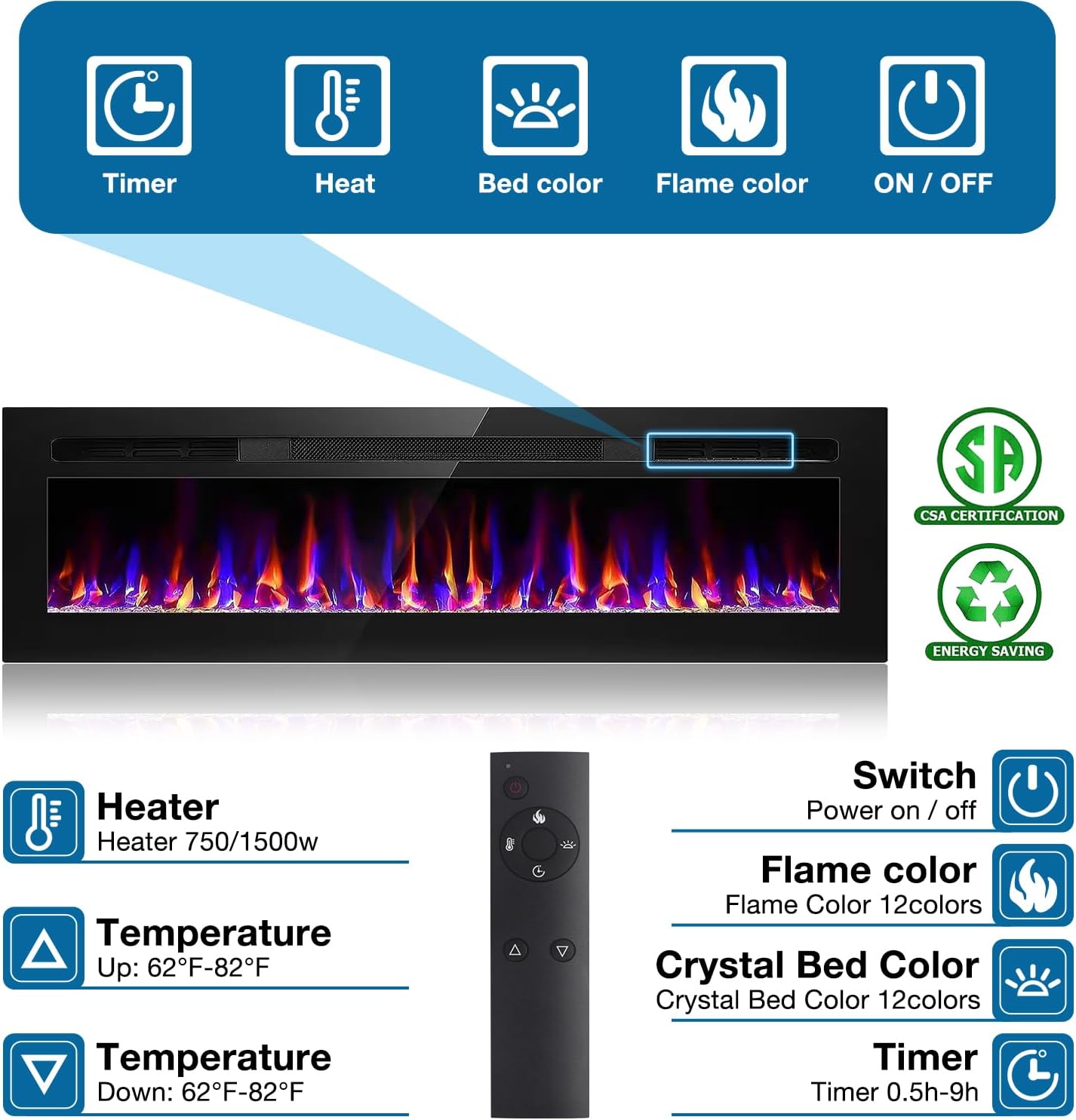 68 Inch Electric Fireplace with Timer and Remote Control
