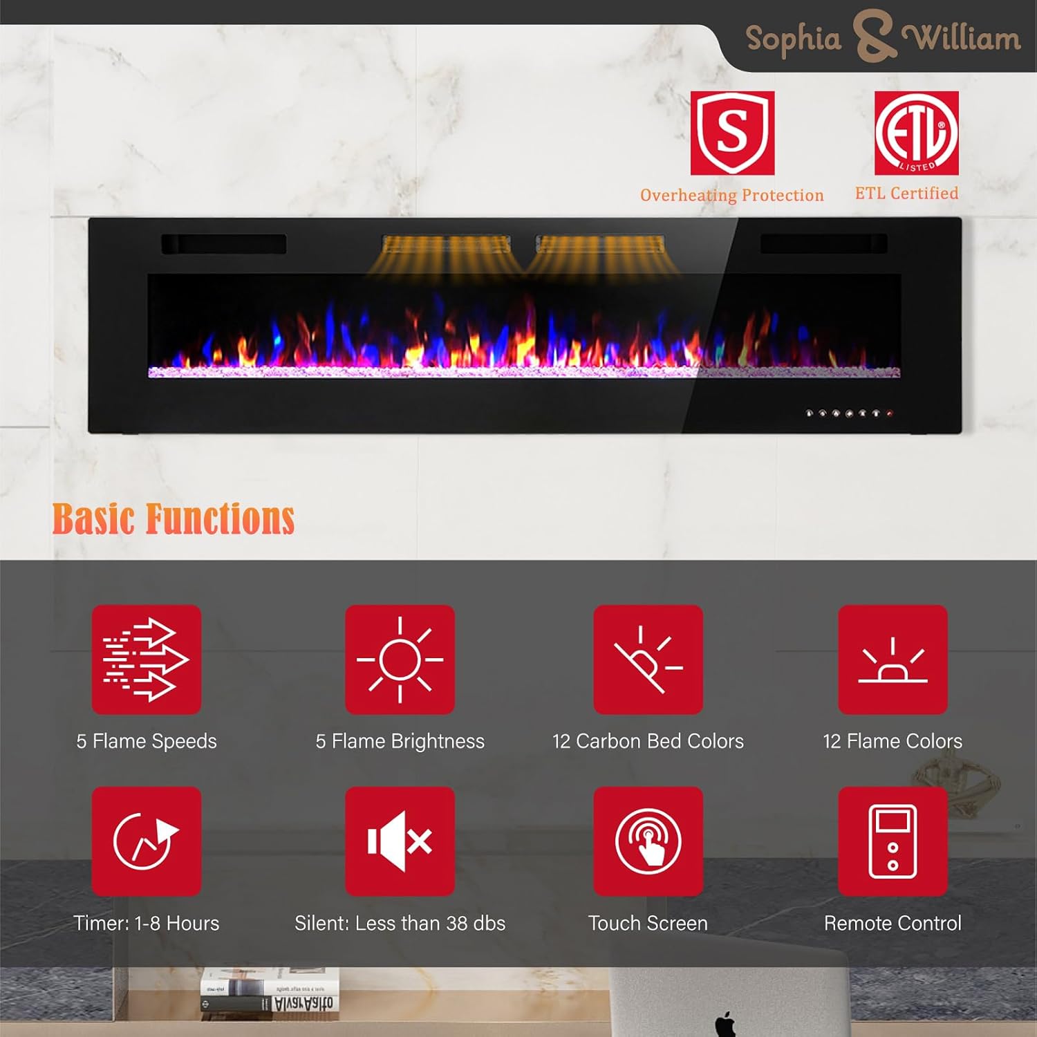 Sophia William 72 Inch Electric Fireplace with Remote Control 1