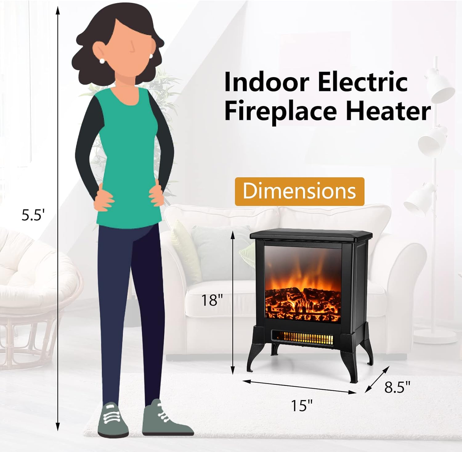 GOFLAME 1400W Electric Fireplace Heater with Realistic Flame and Adjustable Temperature