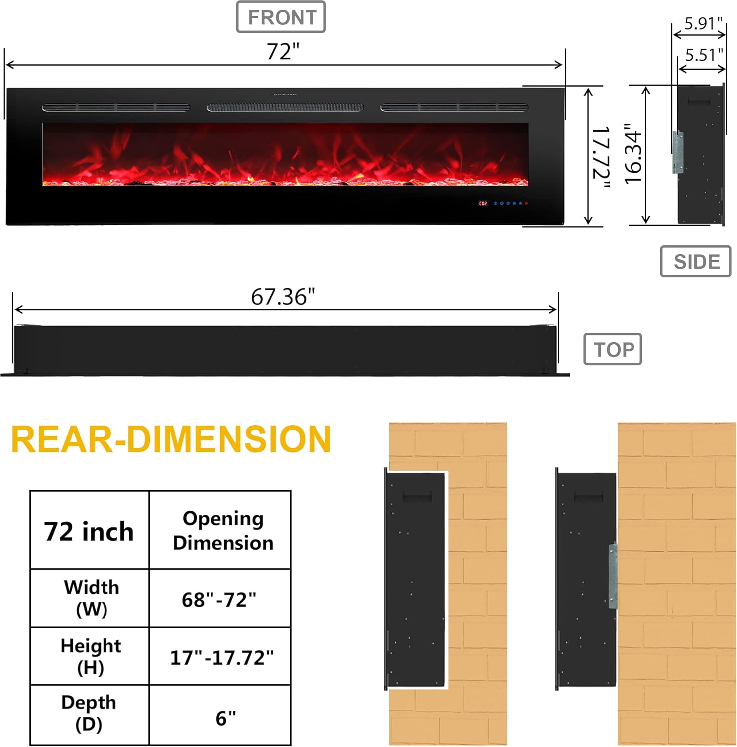 Rodalflame 72 Inches Electric Fireplace Insert with Remote Control