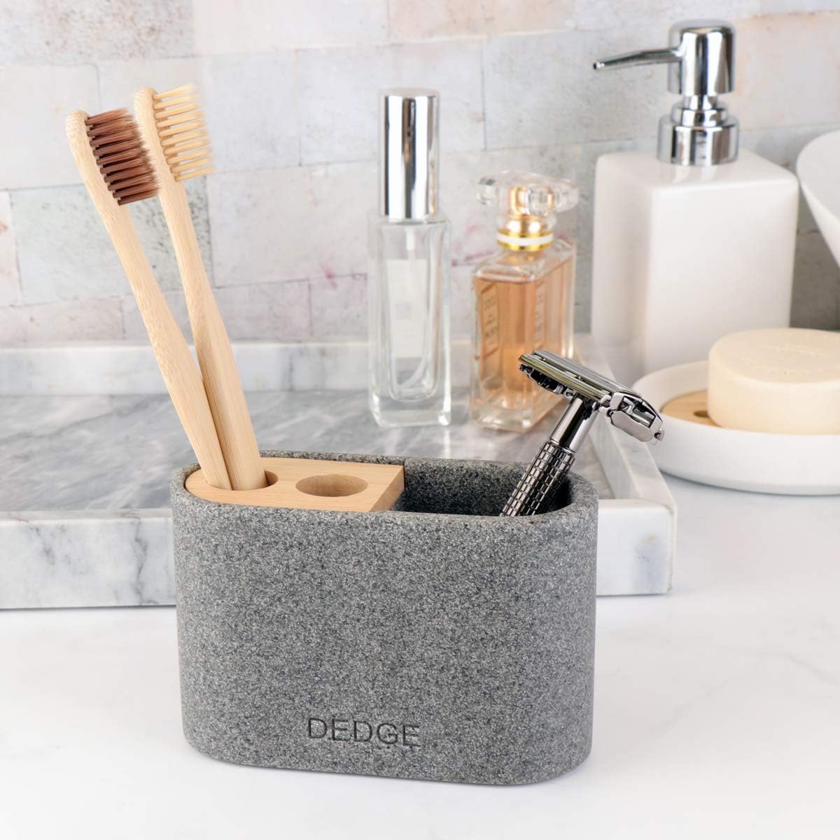 Dedge 3 Slots Bamboo Toothbrush Holder with Drainage for Bathroom Storage