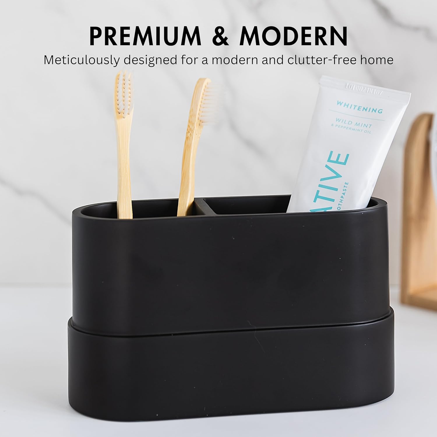 Matte Black Toothbrush Holder with 2 Compartments