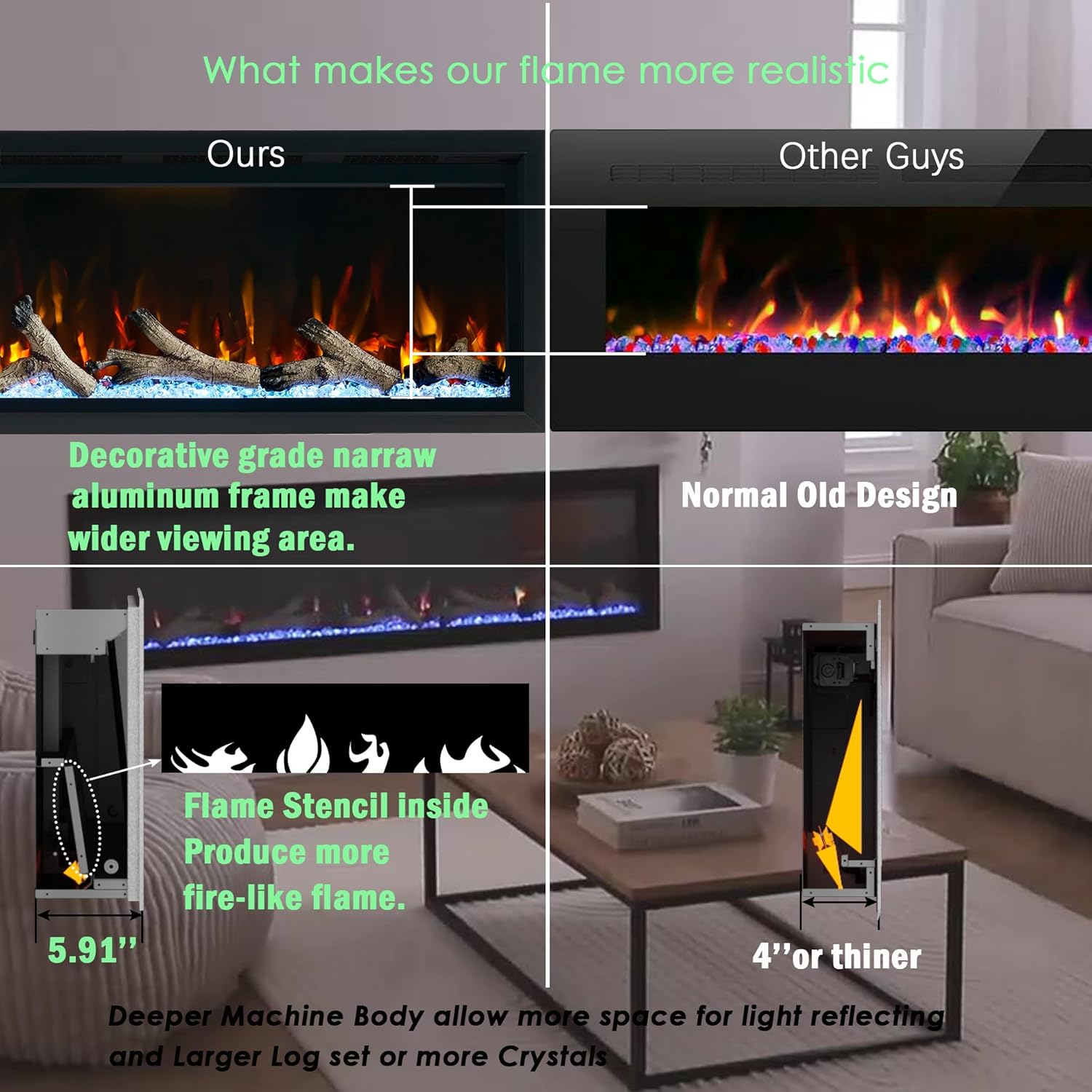 60 Inch Electric Fireplace with Silver Aluminum Frame
