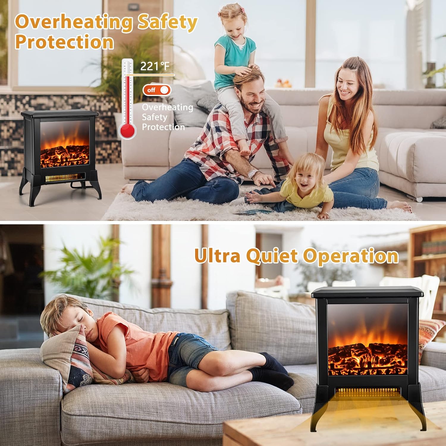 GOFLAME 1400W Electric Fireplace Heater with Realistic Flame and Adjustable Temperature