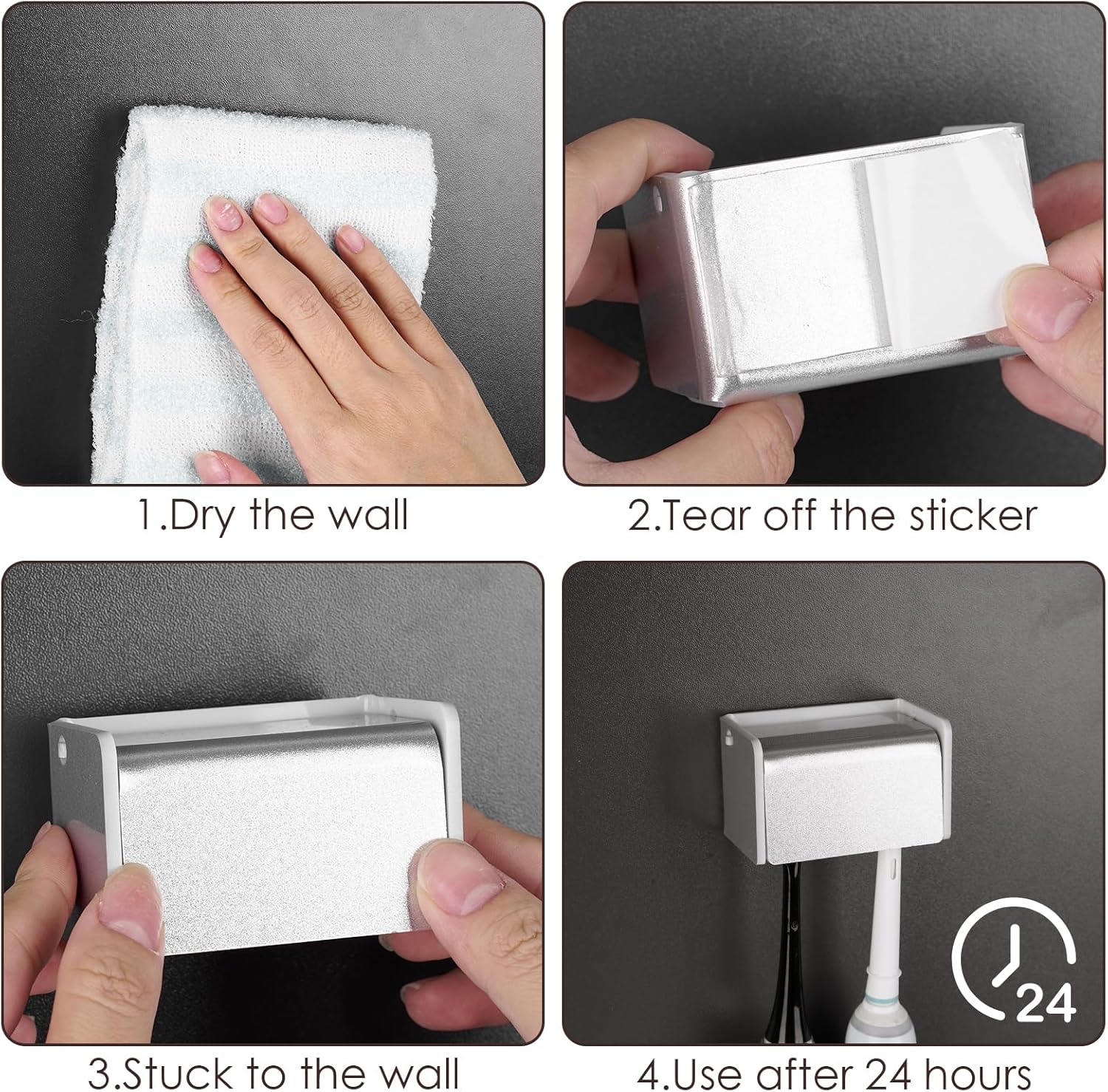LUEXBOX Wall Mounted Toothbrush Holder with Cover 2 Slots Silver