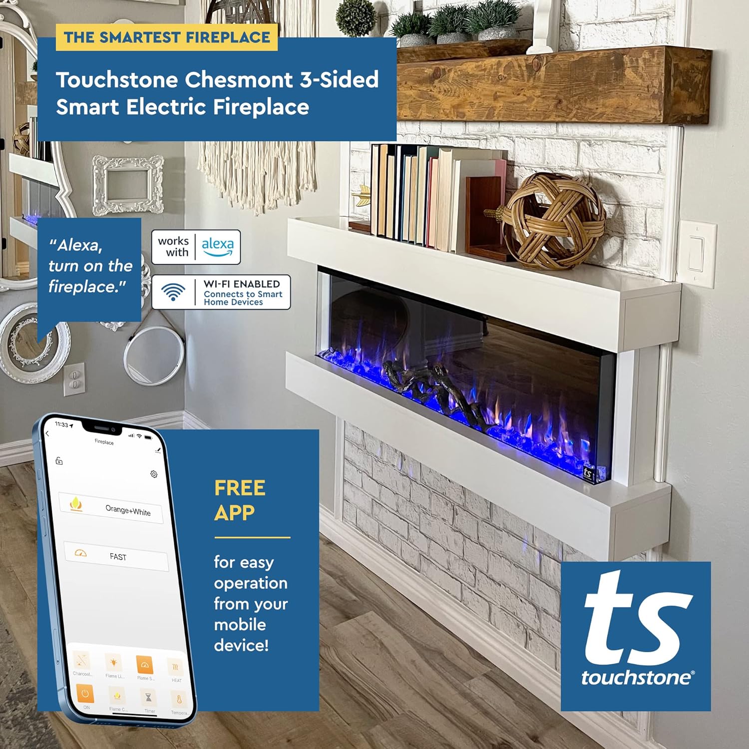 Touchstone Chesmont Smart Electric Fireplace - 50 Wide White Mantle AlexaWiFi Enabled