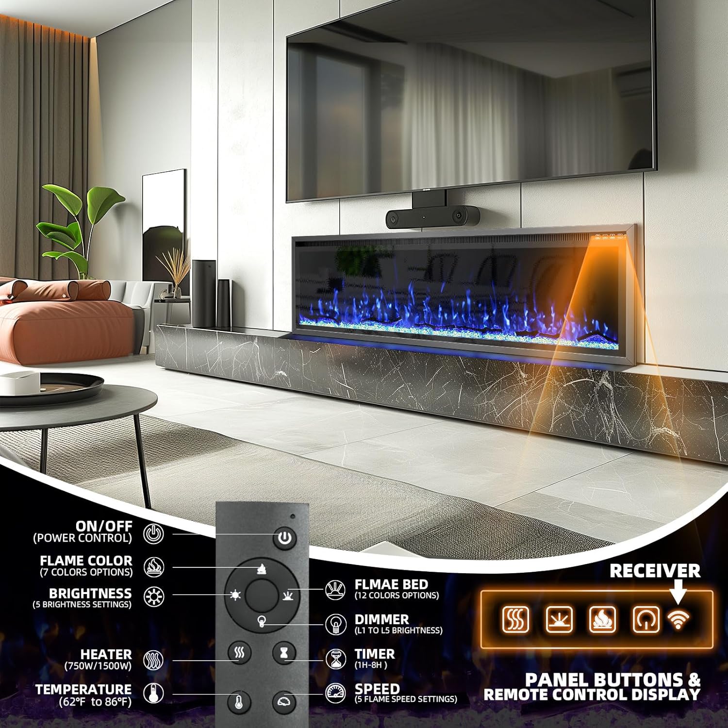 60 Inch Electric Fireplace with Remote Control