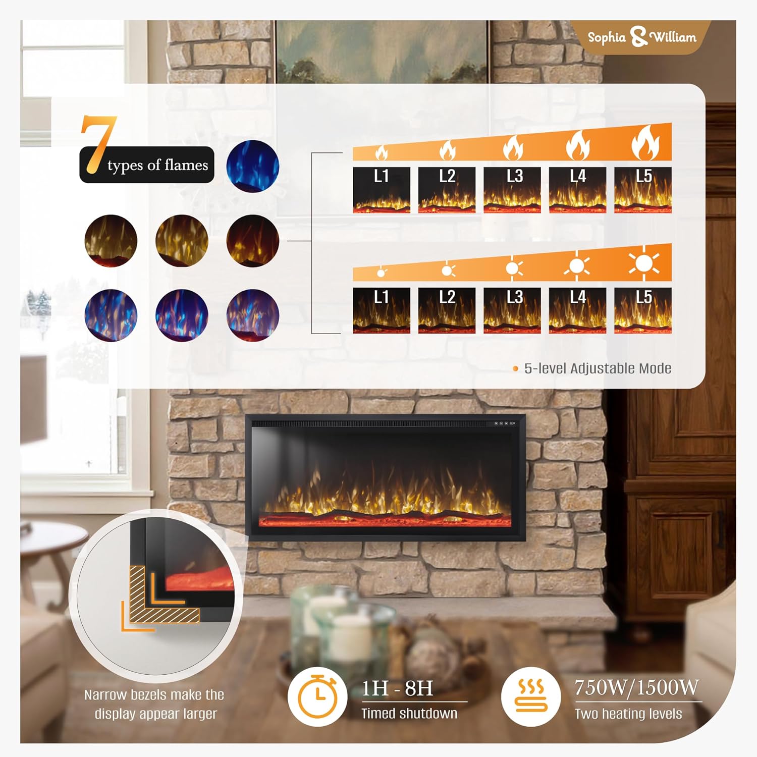 Sophia William 42 Inch Electric Fireplace with Remote Control