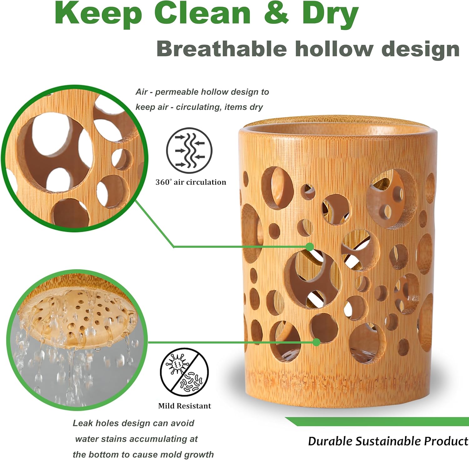 Eco Bamboo Toothbrush Holder with Drainage
