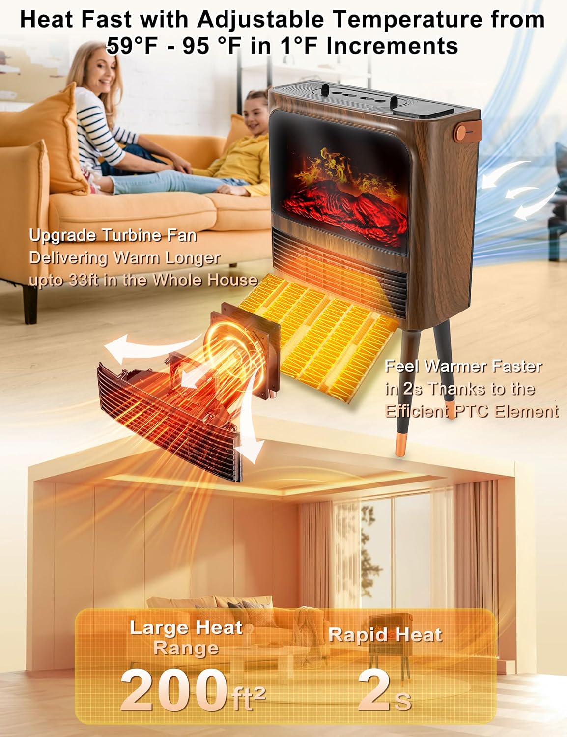 Electric Fireplace Heater with 3D Flame Thermostat and Remote Control