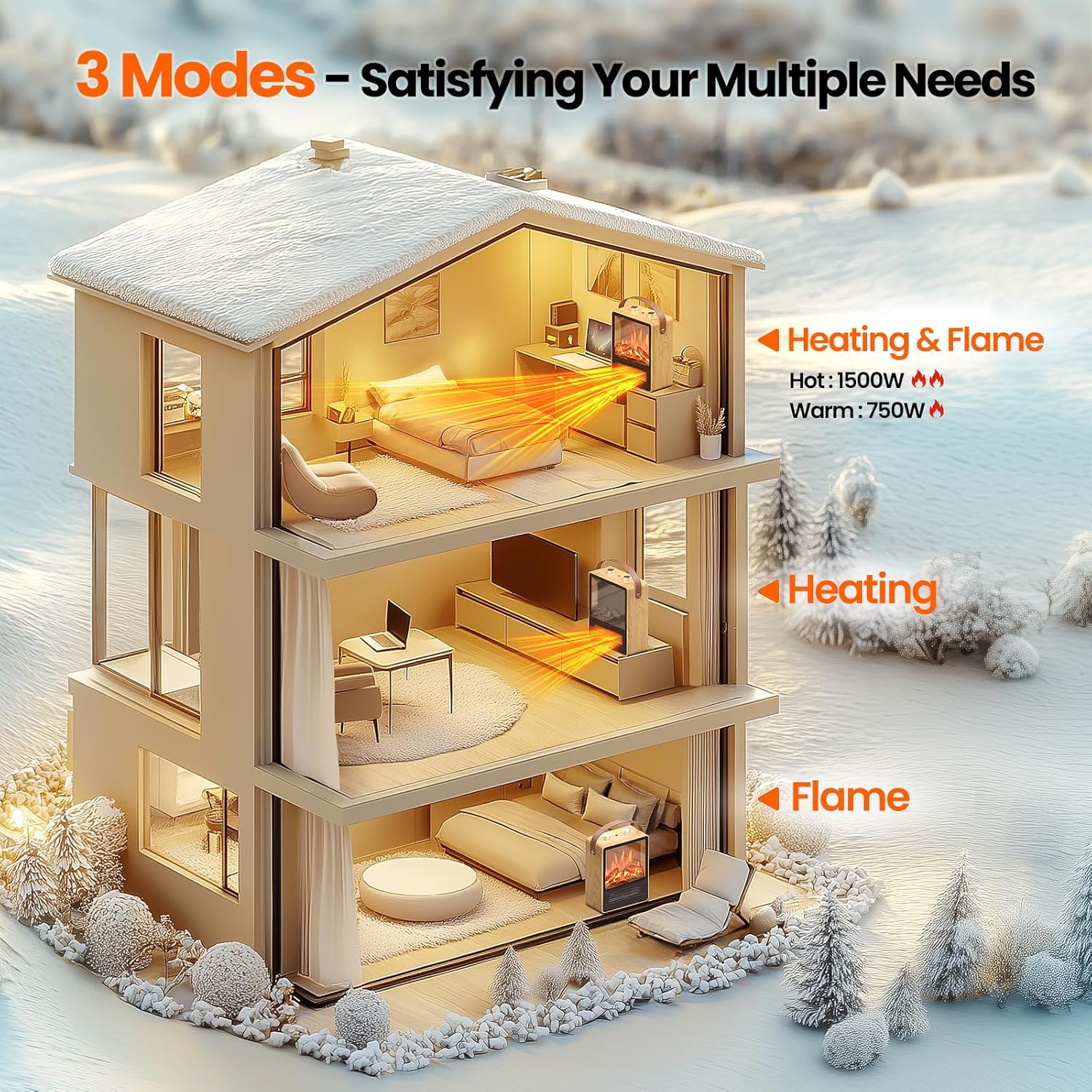 Riseon Electric Fireplace Heater with 3D LED Flame