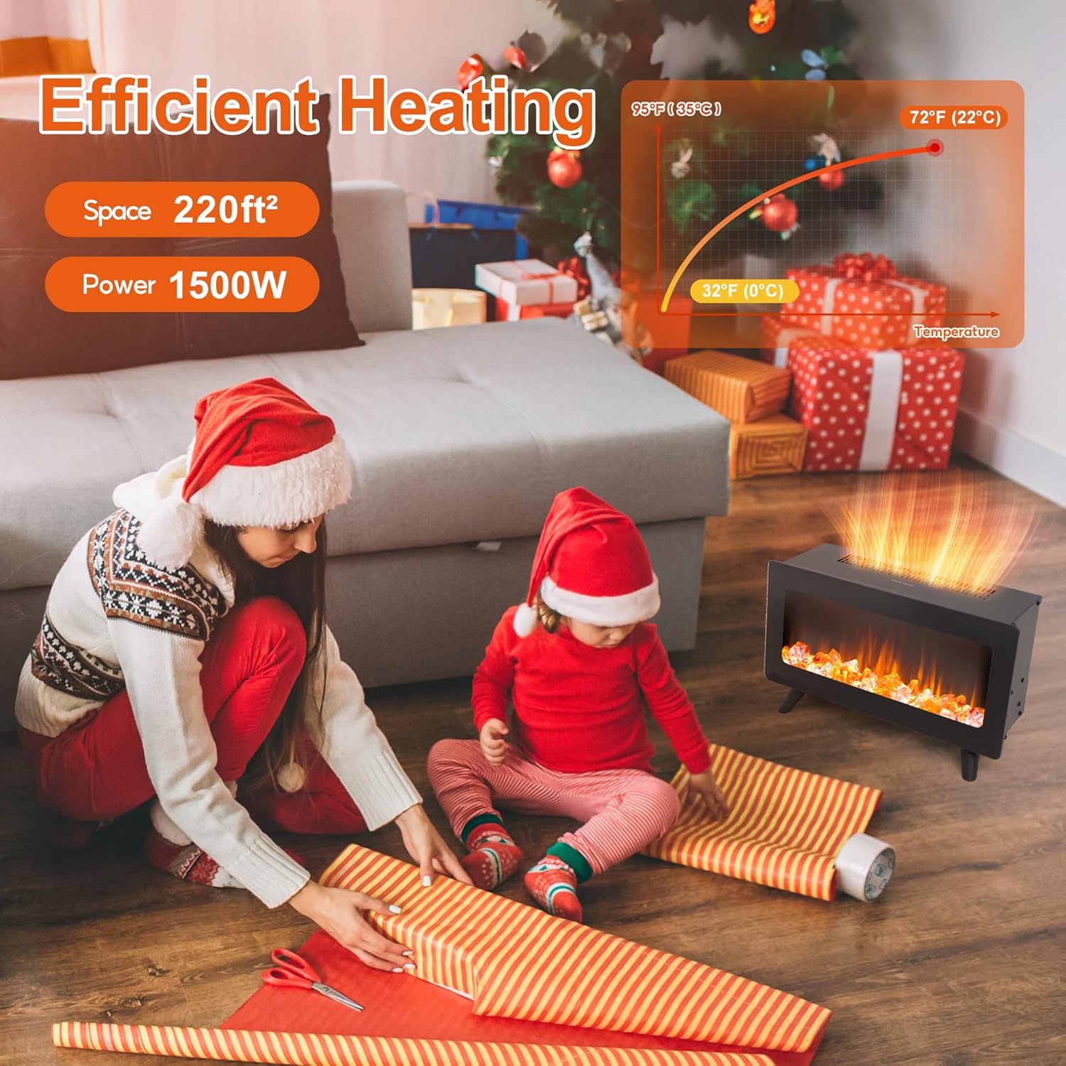 FLAMESHADE 16 Electric Fireplace - LED 3D Flames Freestanding 750W1500W Overheat Protection
